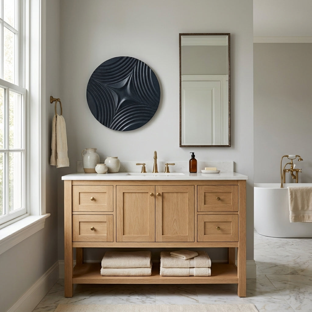 Carved Tidal Waves Wood Wall Art Panel - Bathroom Setting