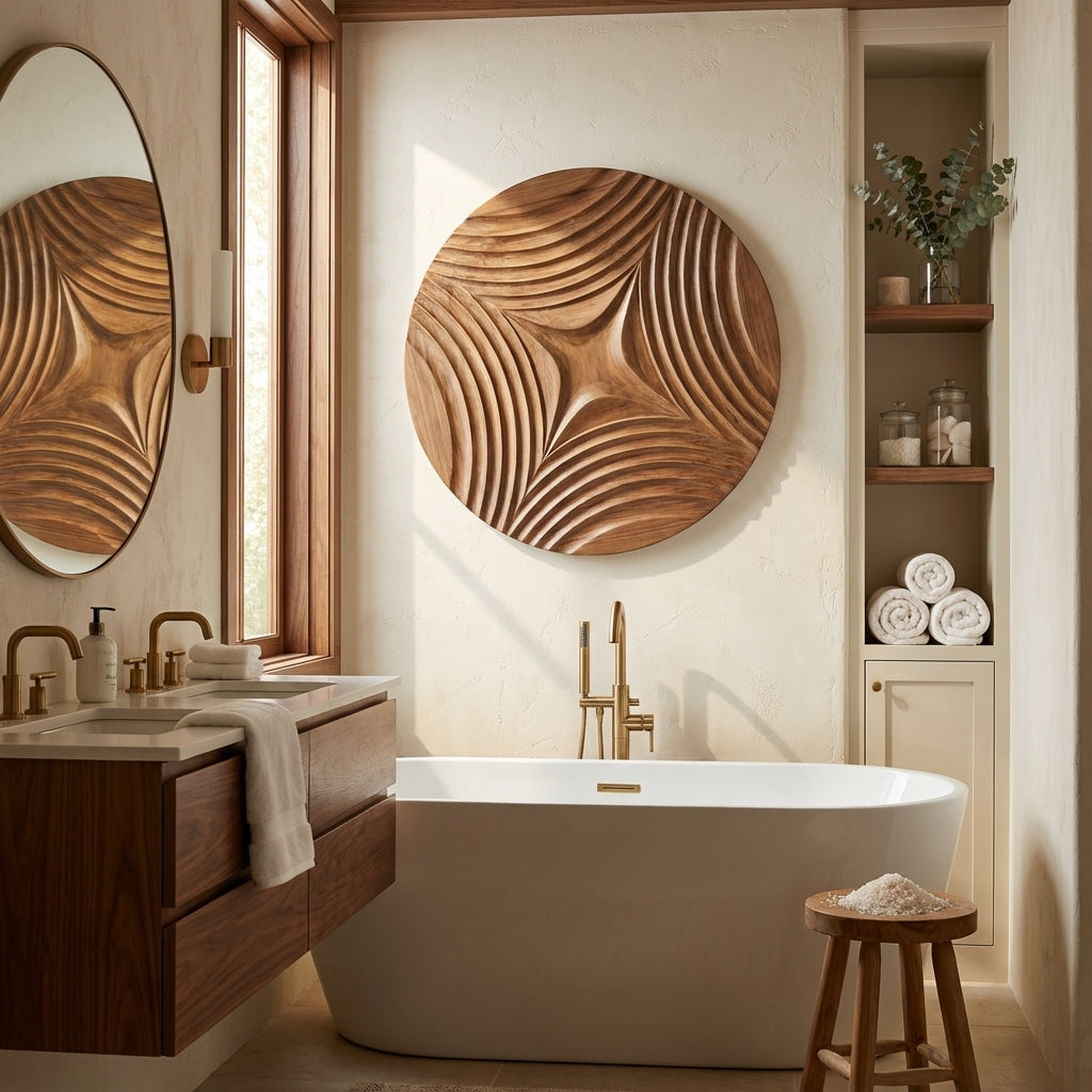 Carved Tidal Waves Wood Wall Art Panel - Bathroom Setting (Natural)