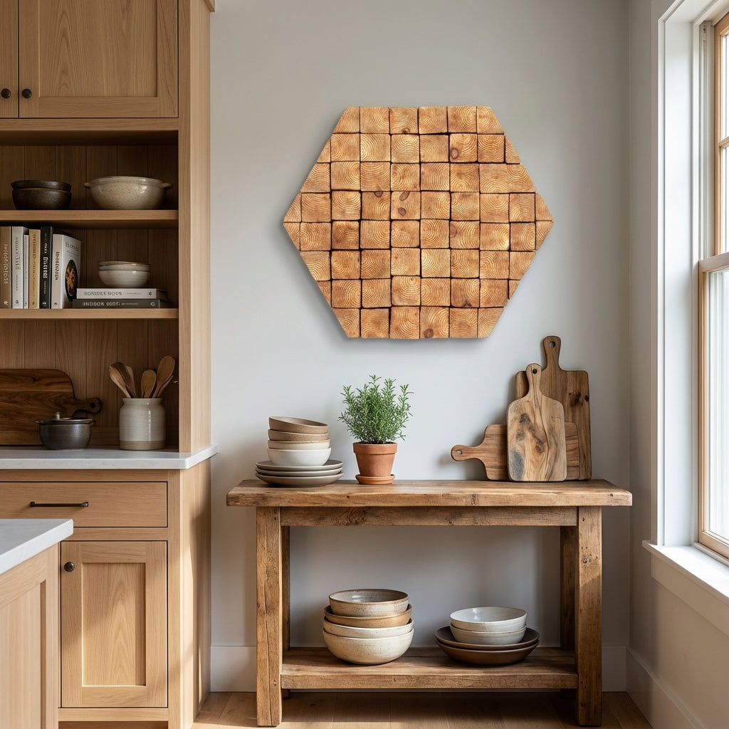 Geometric Log End Hexagon Wood Wall Art Panel - Kitchen Setting
