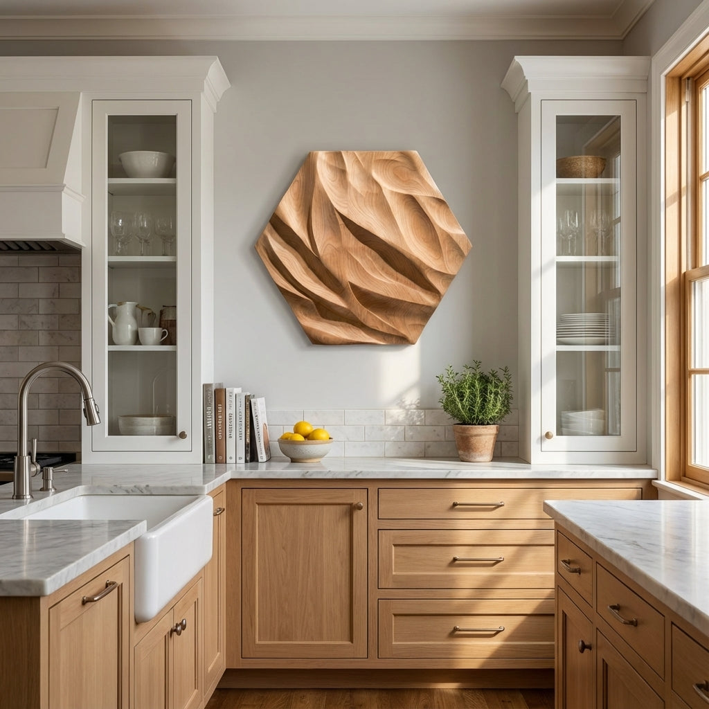 Ethereal Wave Carved Wood Wall Art - Kitchen Setting
