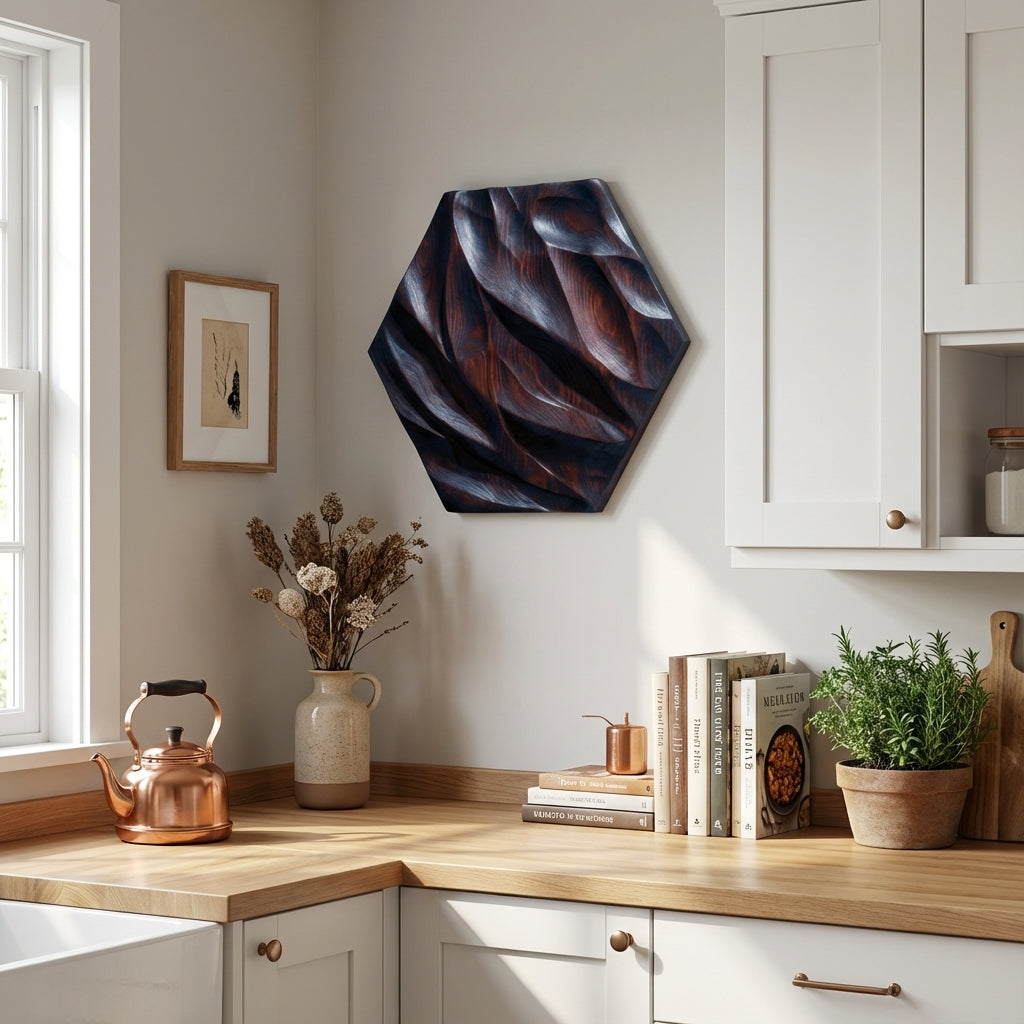 Ethereal Wave Carved Wood Wall Art - Kitchen Setting (Midnight Sky)