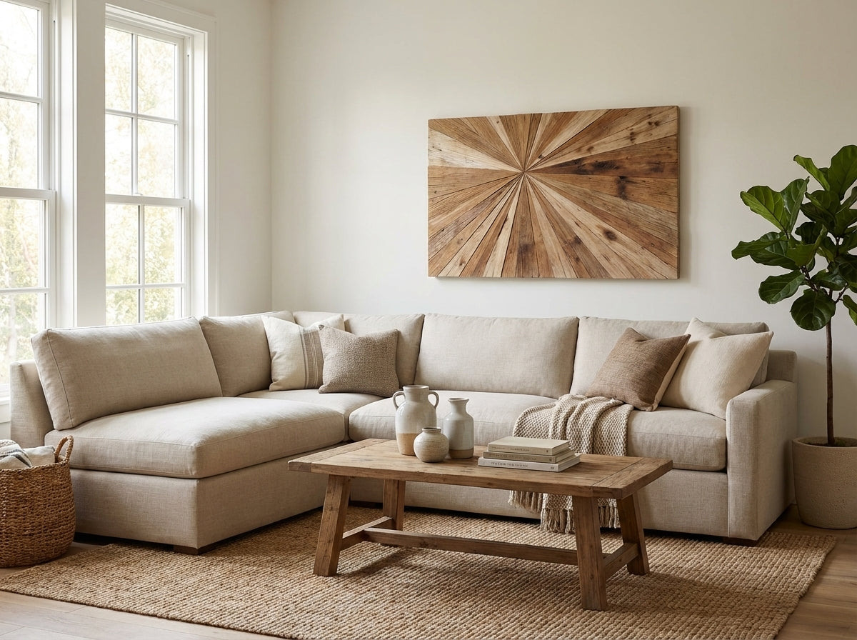 Radiant Burst Carved Wood Wall Art Panel - Living Room Setting