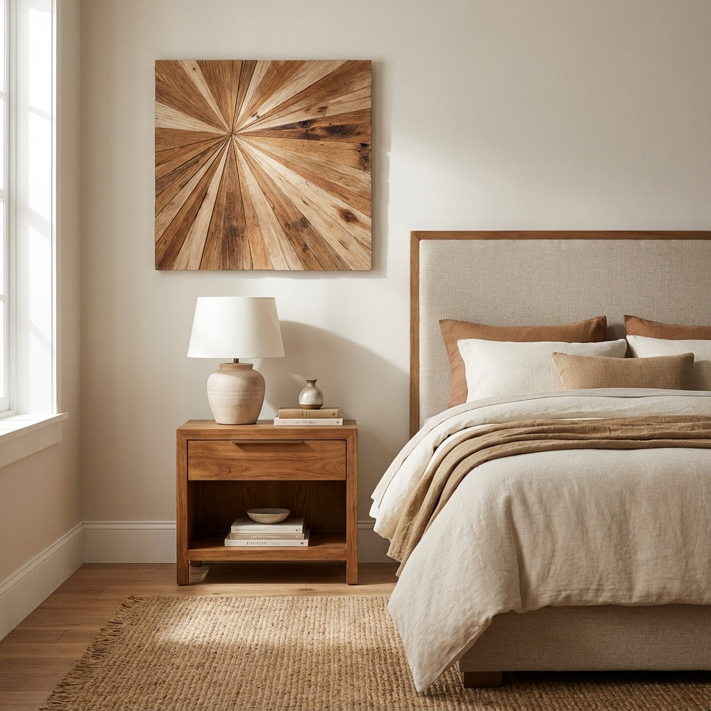 Sunburst Carved Wood Wall Art Panel - Bedroom Setting
