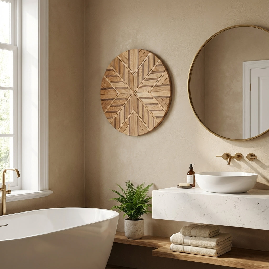 Geometric Starburst Carved Wood Wall Art - Bathroom Setting