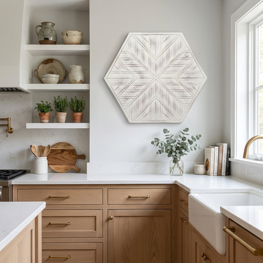 Artisan Hexagon Starburst Carved Wood Wall Panel - Kitchen Setting