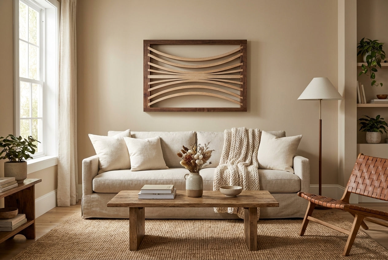 Intersecting Arcs Carved Wood Wall Art Panel - Living Room Setting