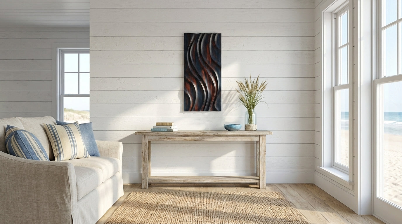 Ethereal Waves Carved Wood Wall Art Panel - Beach House Setting