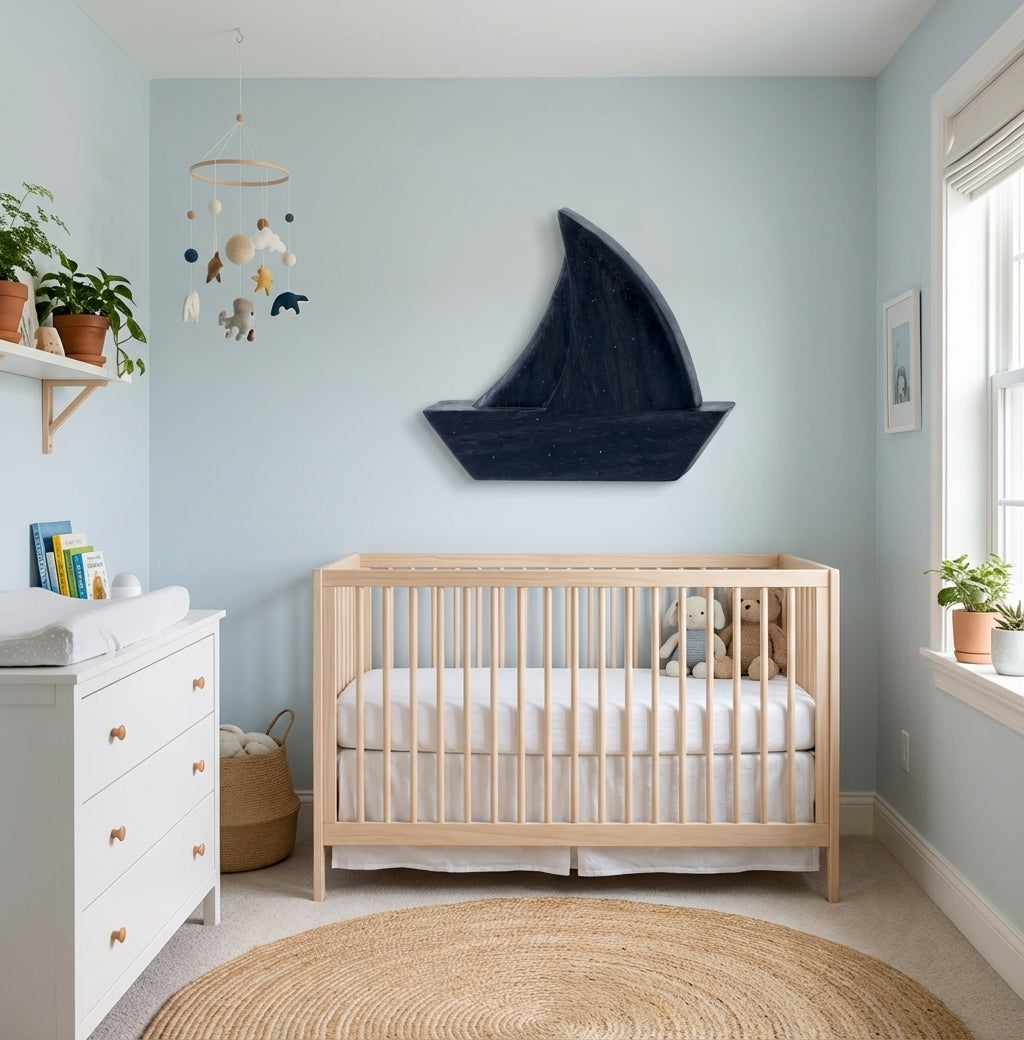 Wooden Sailboat Sculpture - Nursery Setting