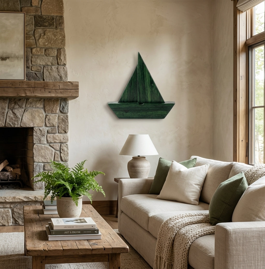 Sailboat Dreams Carved Wood Wall Art Panel - Living Room Setting