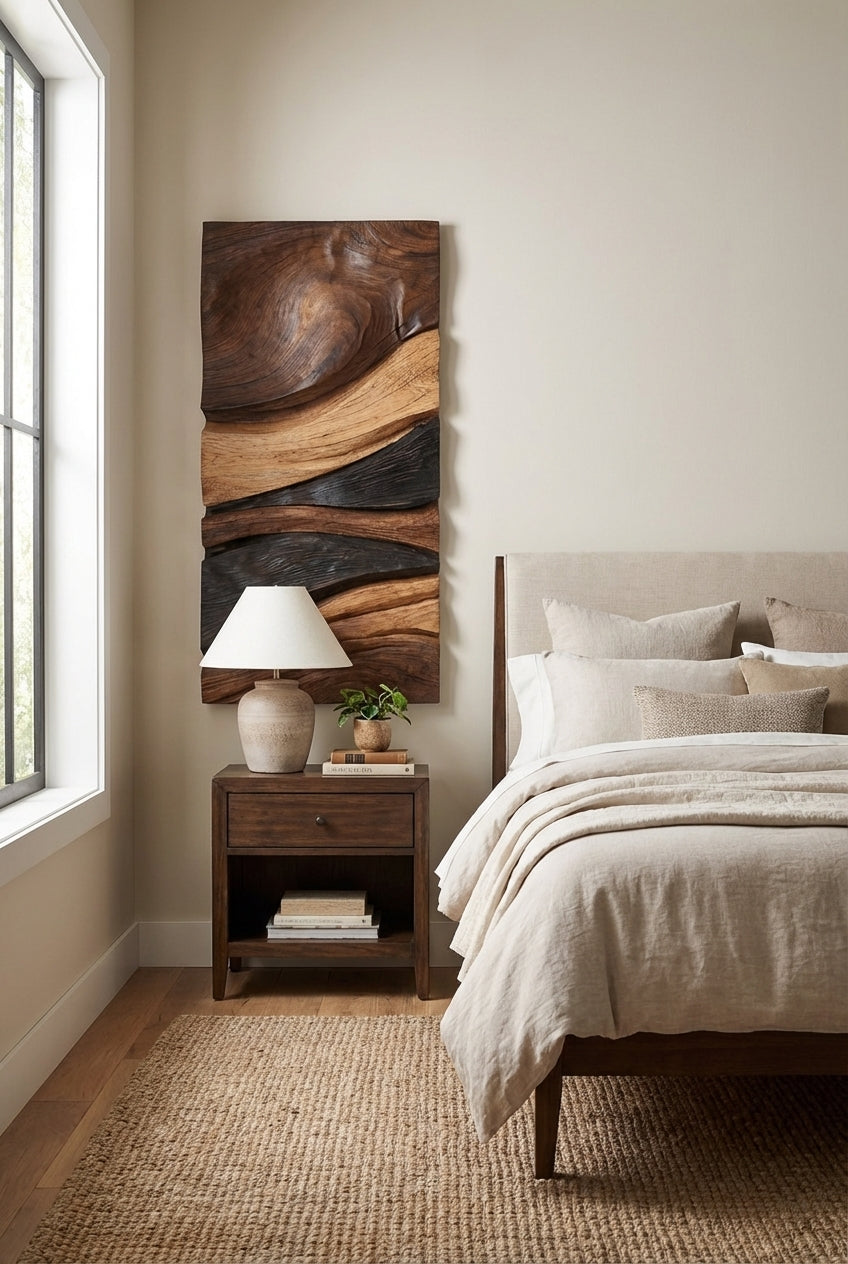 Erosion Waves Carved Wood Wall Art Panel - Freeform in Bedroom (Natural)
