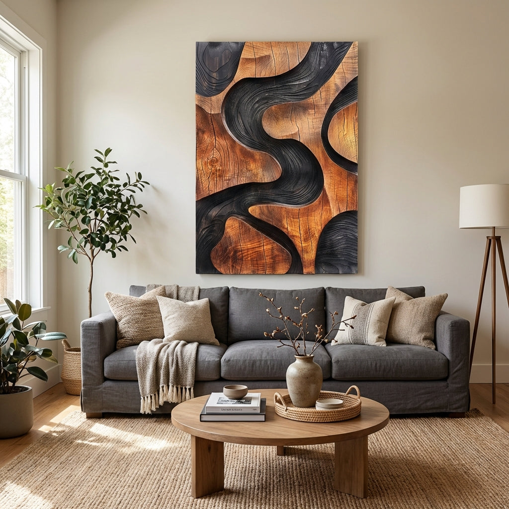 Riverwood Carved Wood Wall Art Panel - Freeform in Living Room (Natural)