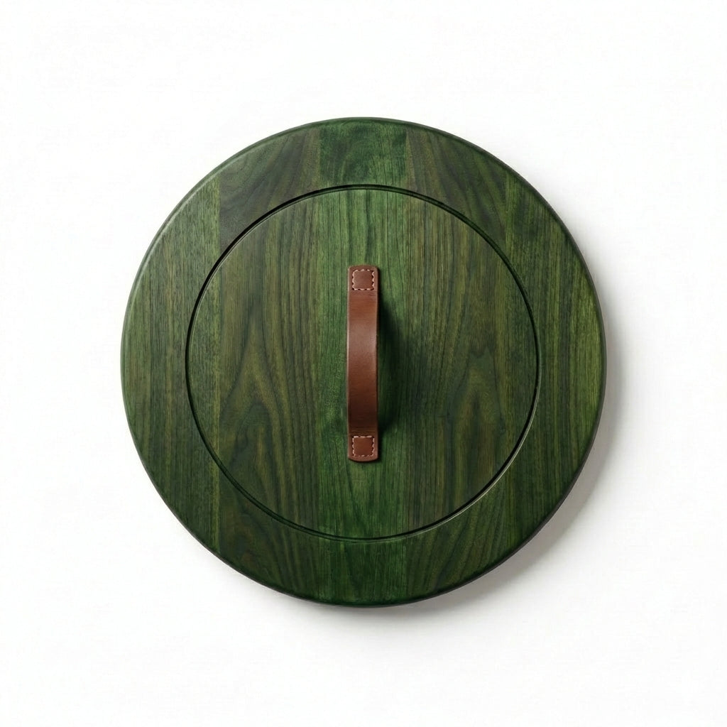 Artisanal Wood Panel with Central Leather Handle - Freeform (Fern)