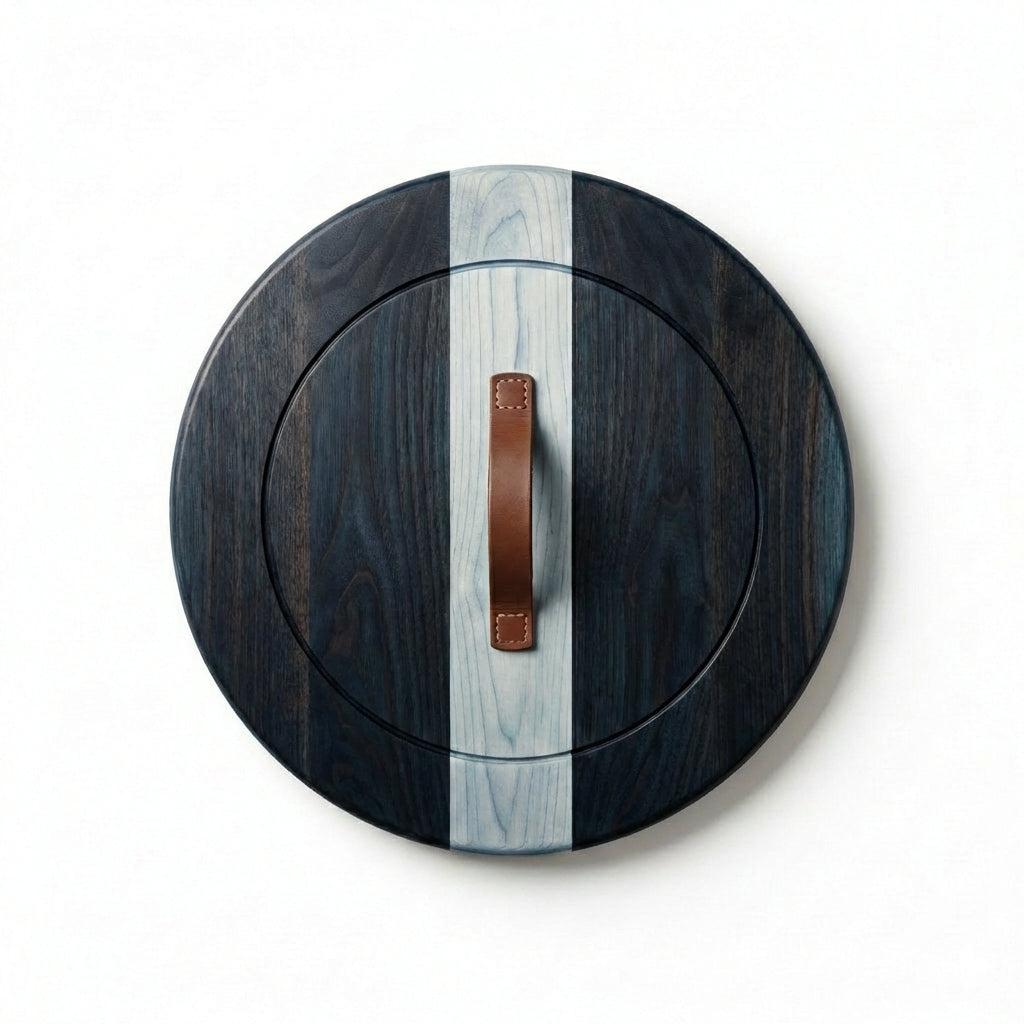 Artisanal Wood Panel with Central Leather Handle - Freeform (Midnight Sky)