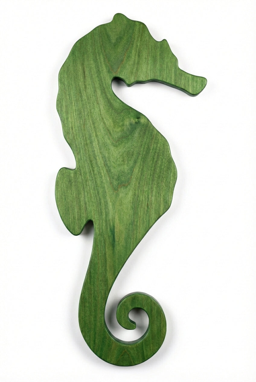 Emerald Seahorse: Carved Wood Wall Art Panel - Freeform (Fern)