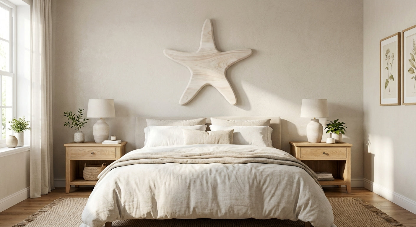 Ocean Tide Starfish Carved Wood Wall Art - Freeform in Bedroom (Cotton White)
