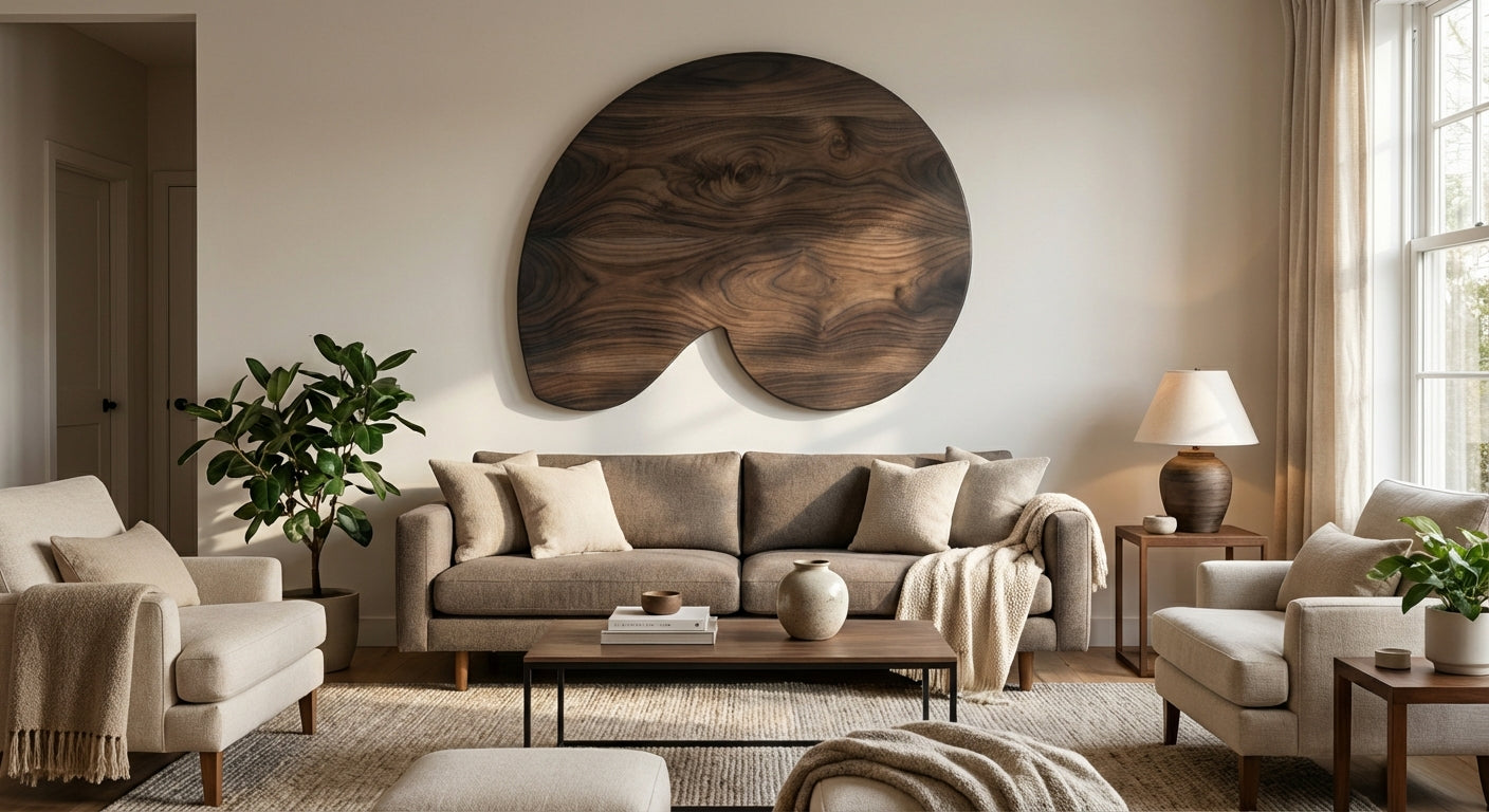 Nautilus Carved Wood Wall Art Panel - Freeform in Living Room (Charcoal)