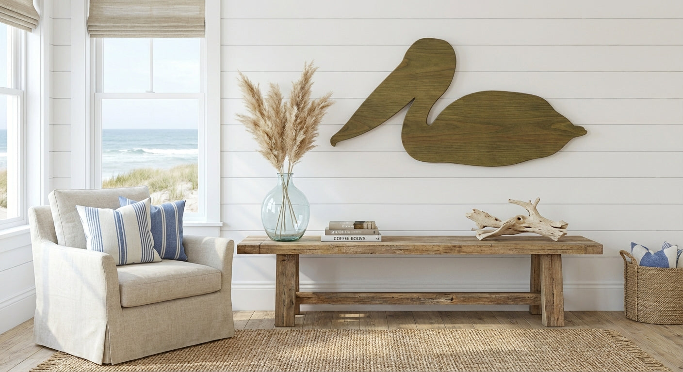 Pelican Flight Carved Wood Wall Art Panel - Freeform in Beach House (Fern)