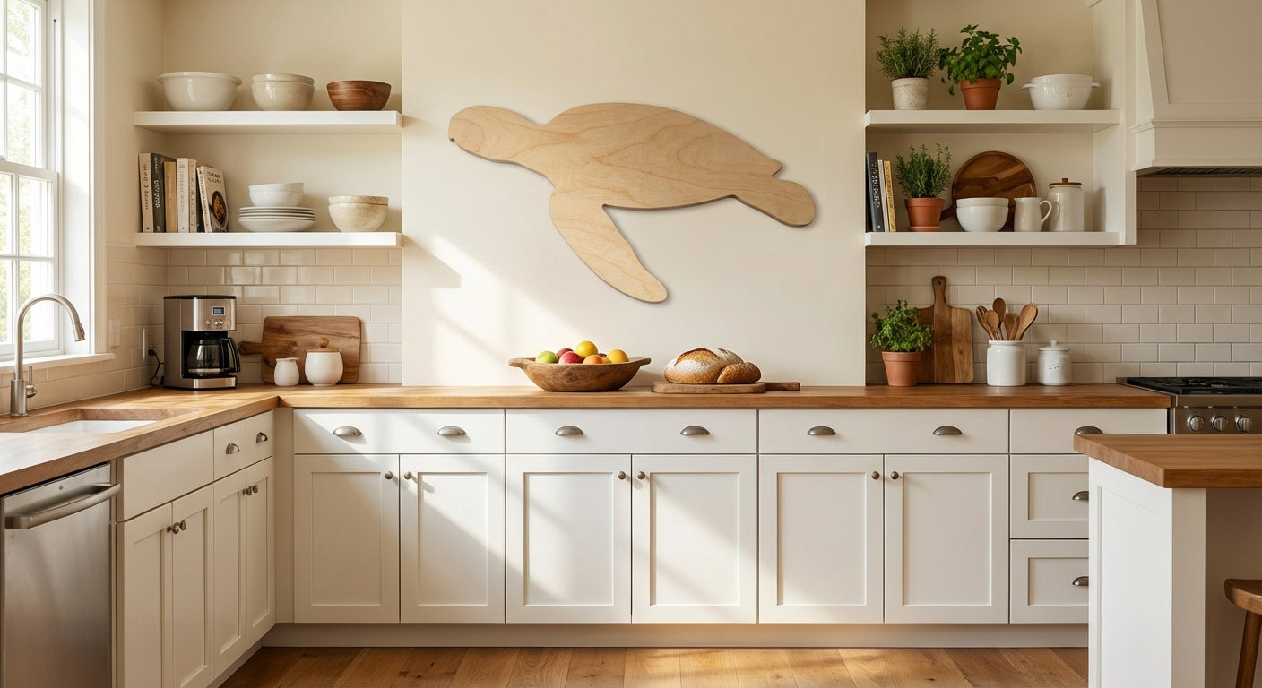 Coastal Turtle Carved Wood Wall Art - Freeform in Kitchen (Natural)