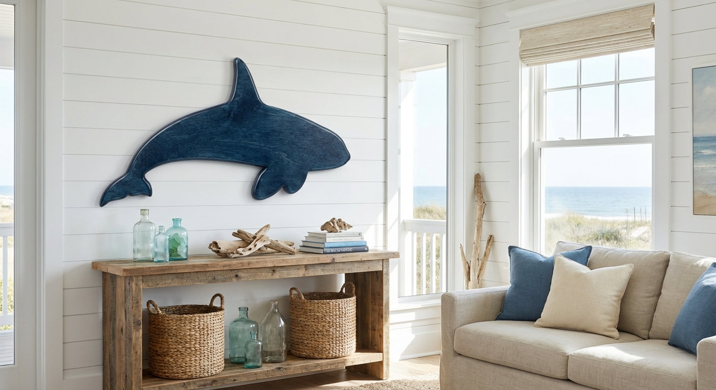 Orca Carved Wood Wall Art - Freeform in Beach House (Midnight Sky)