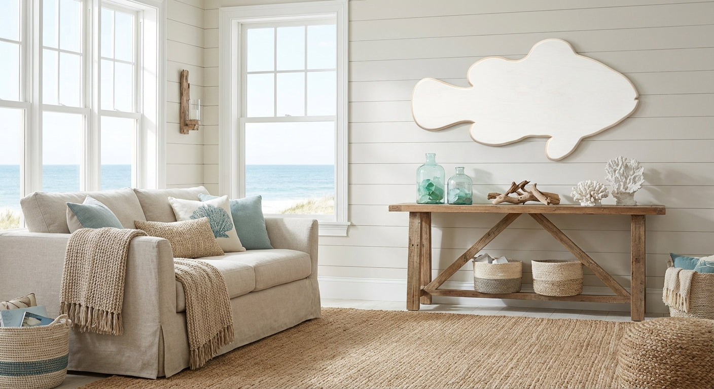 Oceanic Carved Wood Wall Art Panel - Freeform in Beach House (Cotton White)