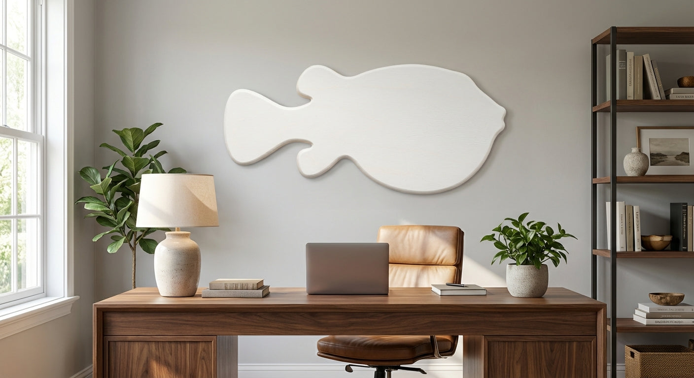 Verdant Depths Carved Wood Wall Art Panel - Freeform in Office (Cotton White)