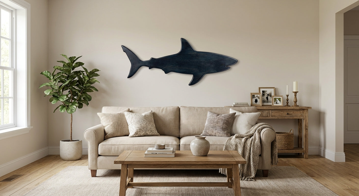 Ocean Predator Wood Wall Art - Freeform in Living Room (Midnight Sky)