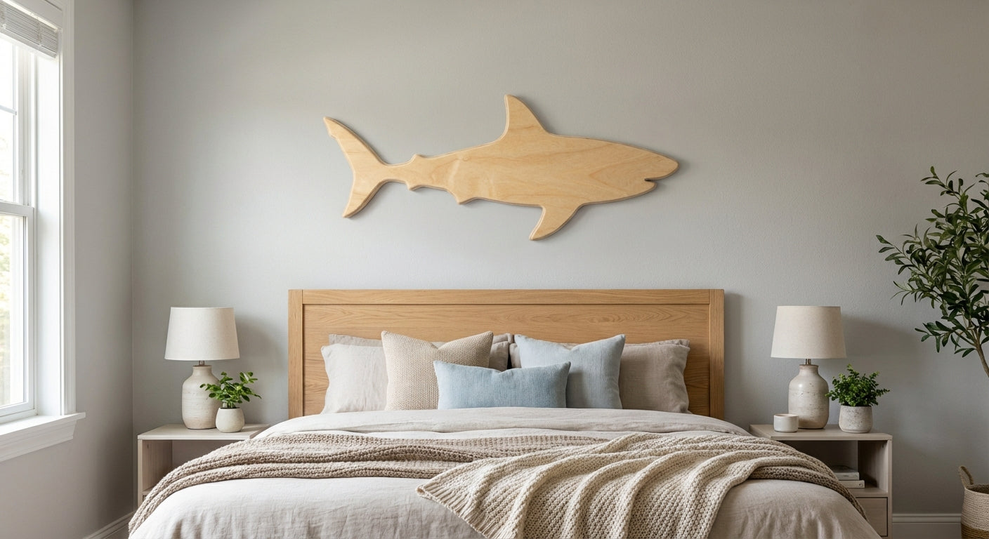 Ocean Predator Wood Wall Art - Freeform in Bedroom (Natural)