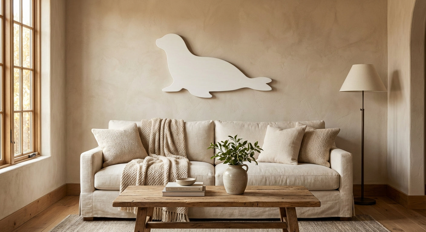 Coastal Seal Wood Wall Art Panel - Freeform in Living Room (Cotton White)