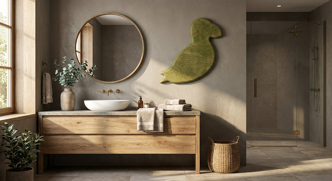 Abstract Avian Carved Wood Wall Art Panel - Freeform in Bathroom (Fern)