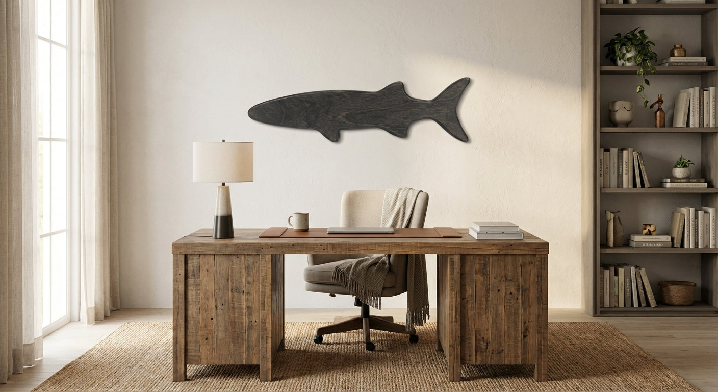 Coastal Shark Carved Wood Wall Art - Freeform in Office (Charcoal)