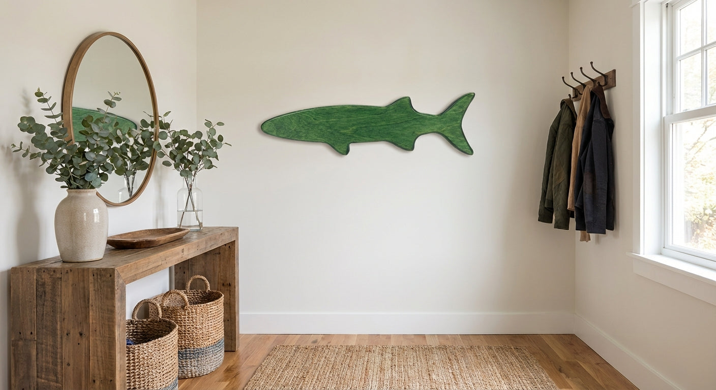 Coastal Shark Carved Wood Wall Art - Freeform in Entryway (Fern)
