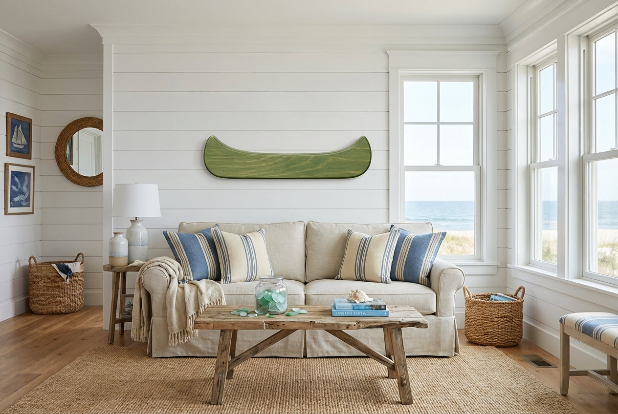 Canoe Carved Wood Wall Art Panel - Freeform in Beach House Living Room (Fern)