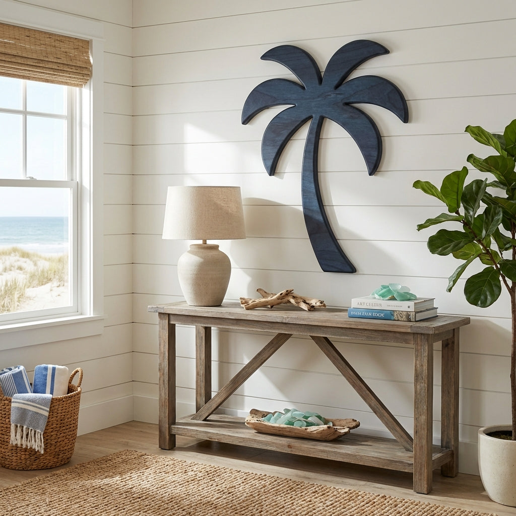 Palm Tree Carved Wood Wall Art Panel - Freeform in Entryway (Midnight Sky)