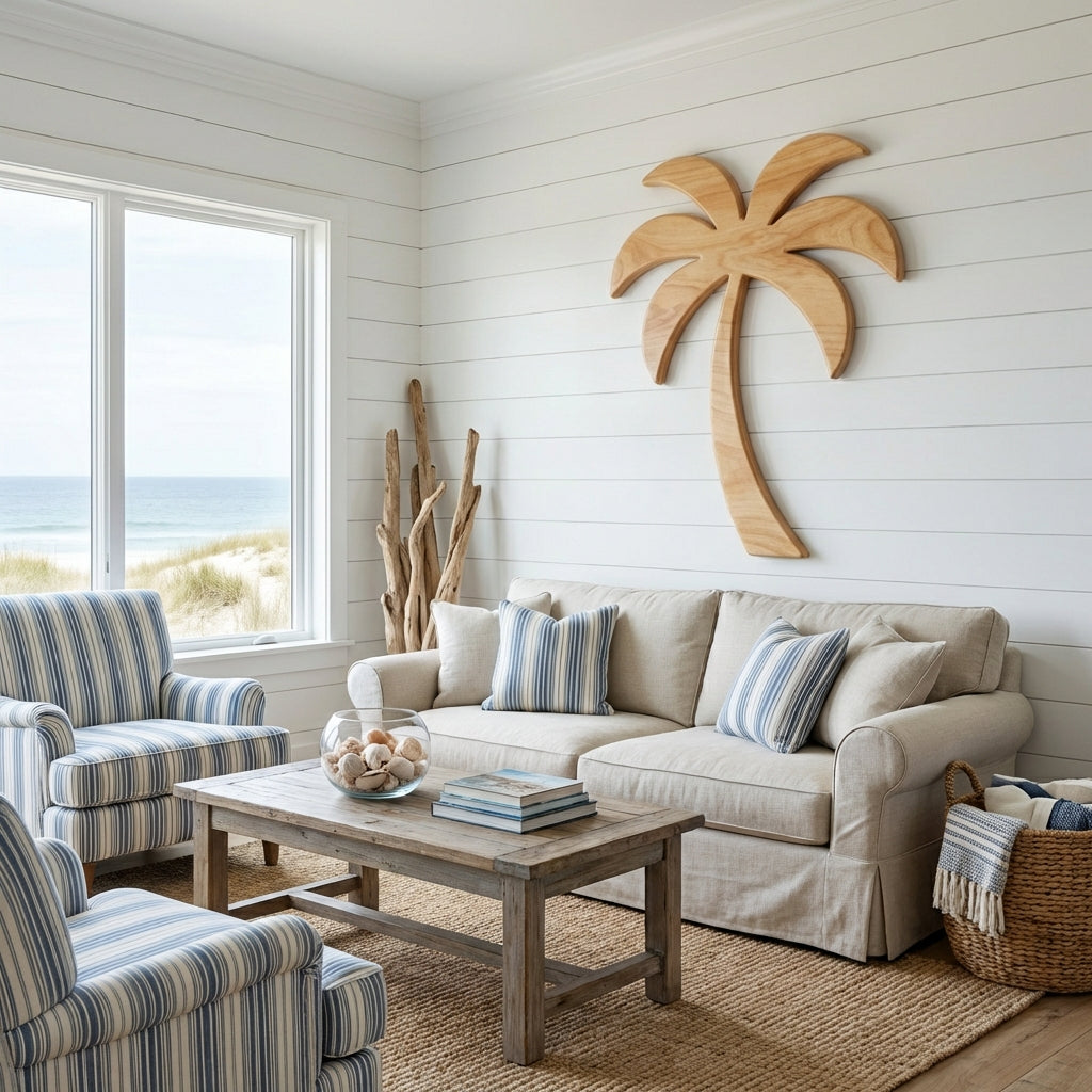 Palm Tree Carved Wood Wall Art Panel - Freeform in Beach House Living Room (Natural)