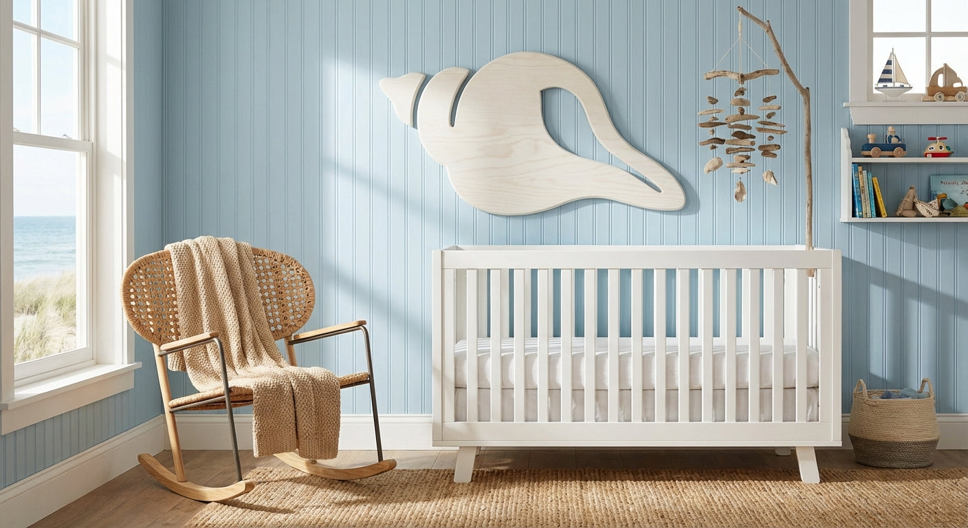Conch Shell Carved Wood Wall Art Panel - Freeform in Nursery (Cotton White)