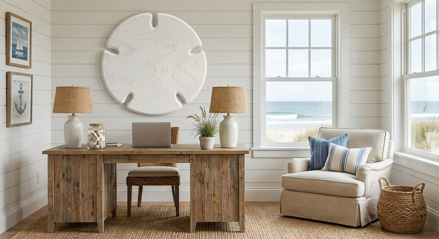 Sand Dollar Carved Wood Wall Art Panel - Freeform in Office (Cotton White)