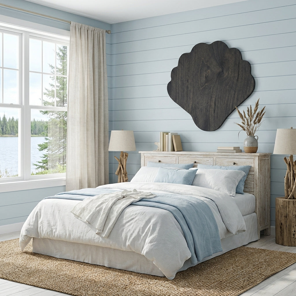 Scallop Shell Wood Wall Art Carved Wood Wall Art Panel - Freeform in Lake House Bedroom (Charcoal)