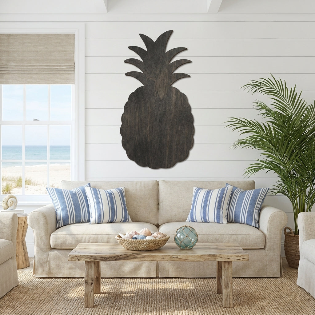 Pineapple Wood Wall Art Carved Wood Wall Art Panel - Freeform in Beach House (Charcoal)