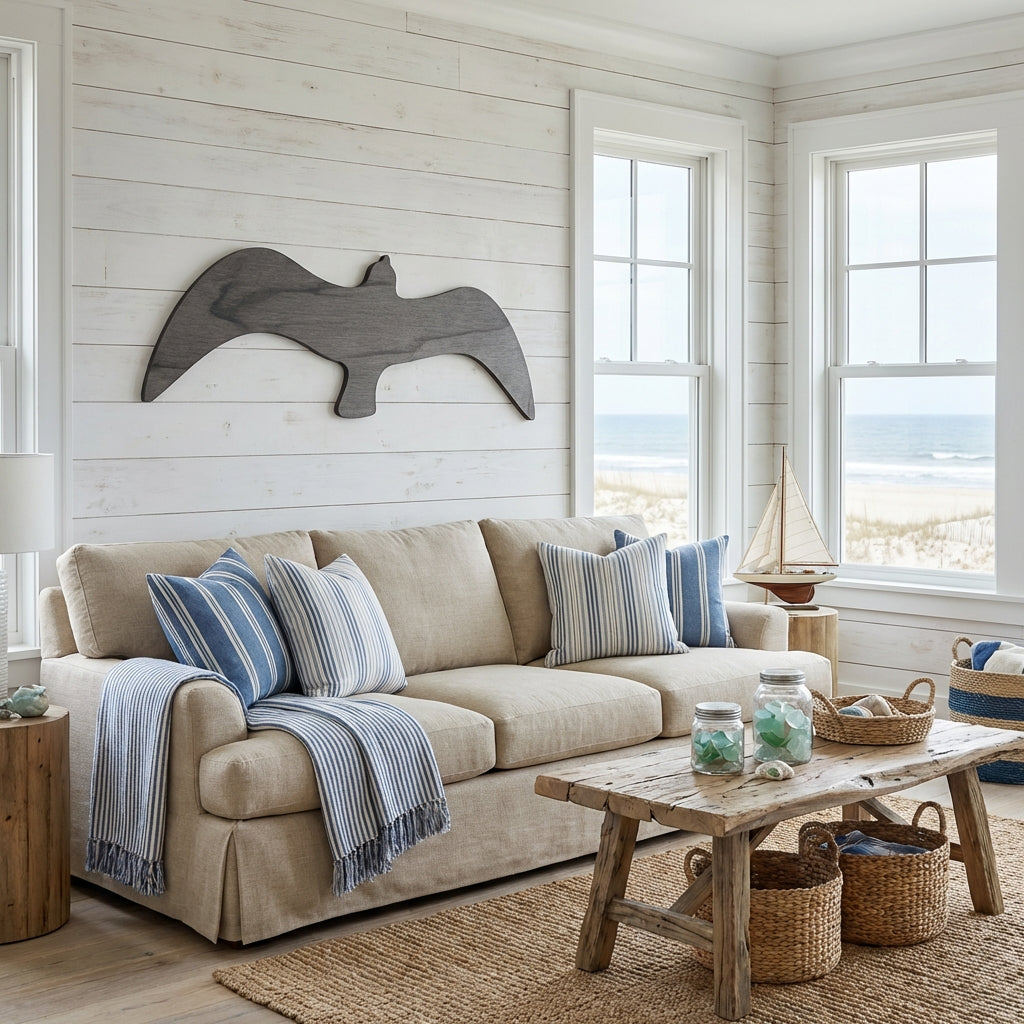 Seagull Wood Wall Art Carved Wood Wall Art Panel - Freeform in Beach House Living Room (Charcoal)