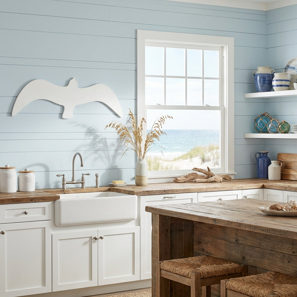 Seagull Wood Wall Art Carved Wood Wall Art Panel - Freeform in Coastal Kitchen (Cotton White)