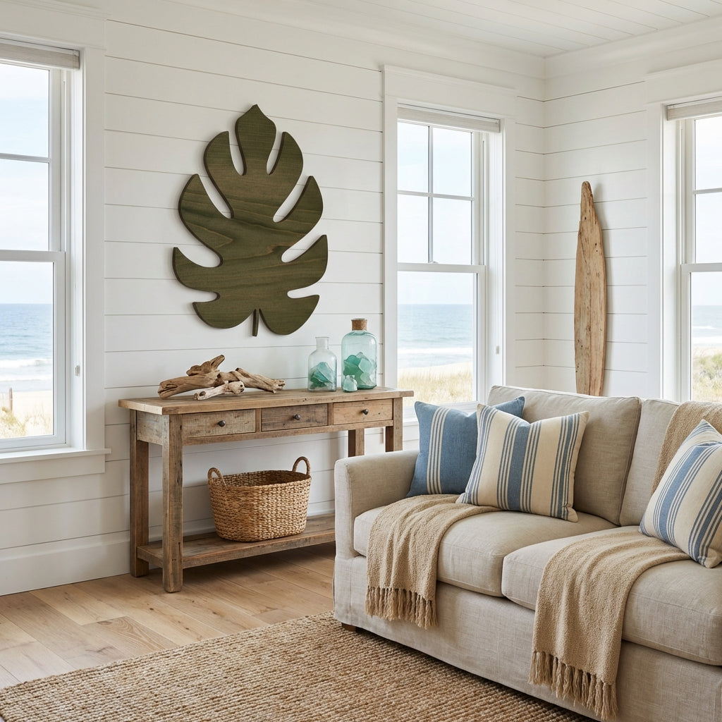 Monstera Leaf Wood Wall Art Carved Wood Wall Art Panel - Freeform in Beach House Living Room (Fern)
