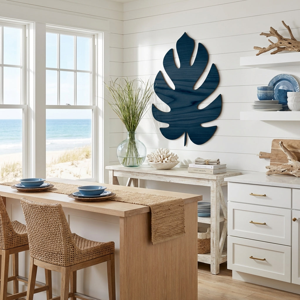 Monstera Leaf Wood Wall Art Carved Wood Wall Art Panel - Freeform in Coastal Kitchen (Midnight Sky)