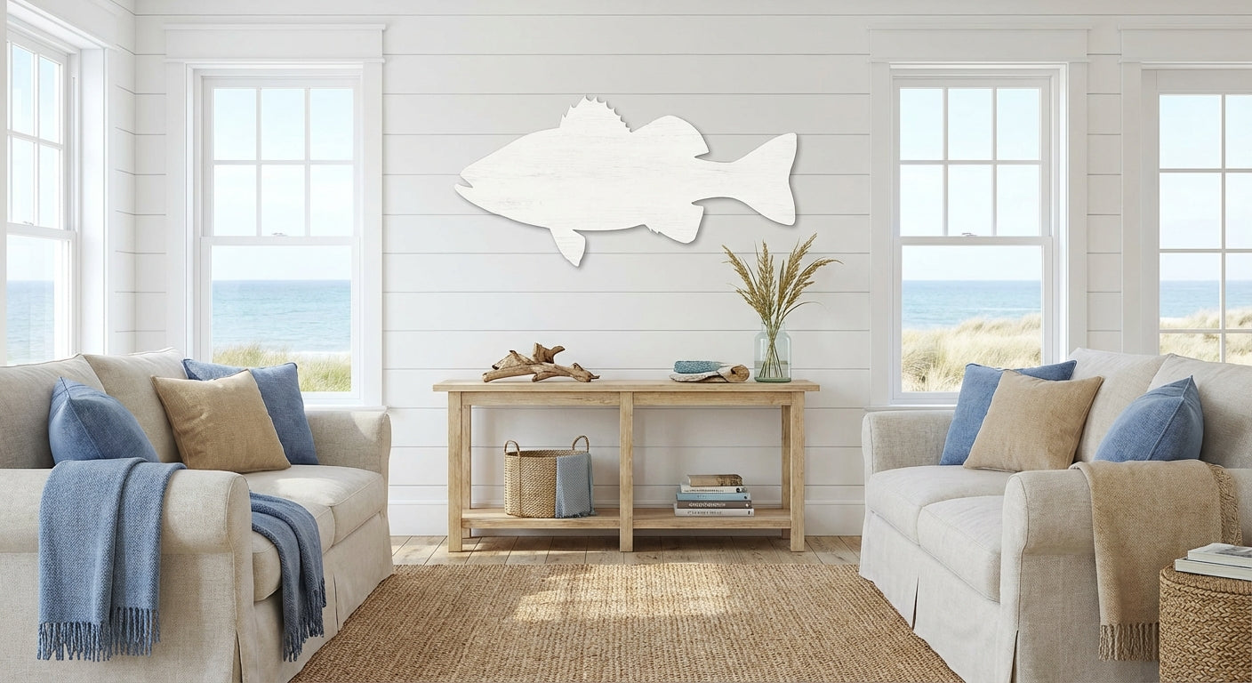 Blue Tang Wood Wall Art Carved Wood Wall Art Panel - Freeform in Beach House Living Room (Cotton White)
