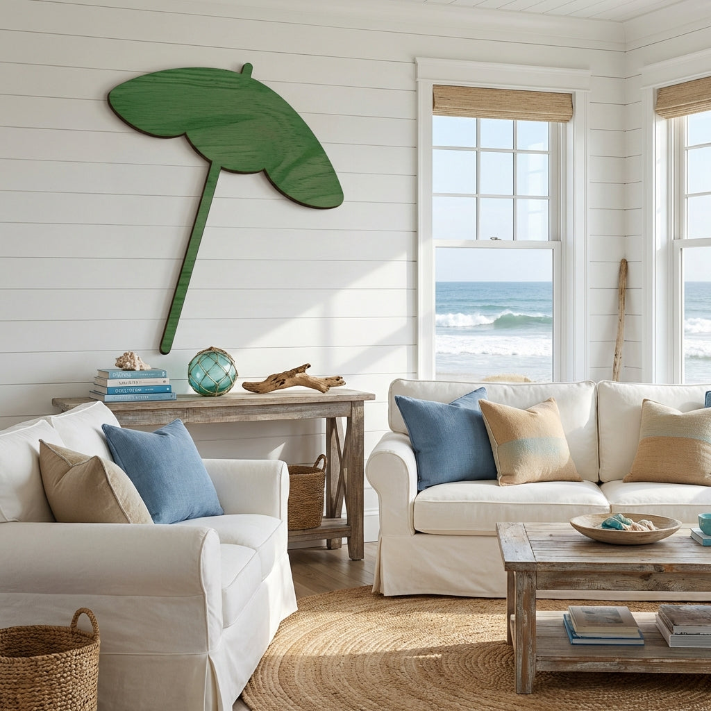 Beach Umbrella Wood Wall Art Carved Wood Wall Art Panel - Freeform in Beach House Living Room (Fern)