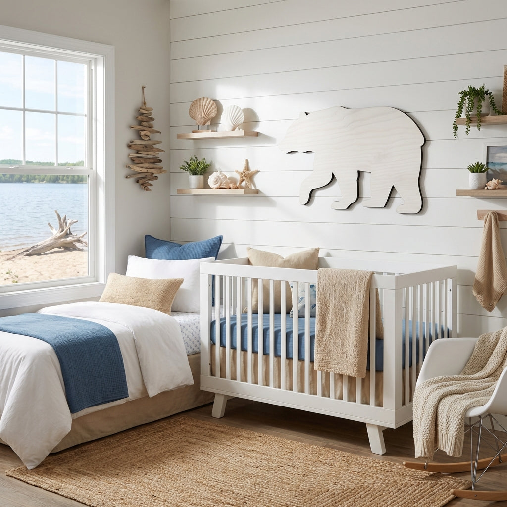 Bear Wood Wall Art Carved Wood Wall Art Panel - Freeform in Nursery (Cotton White)
