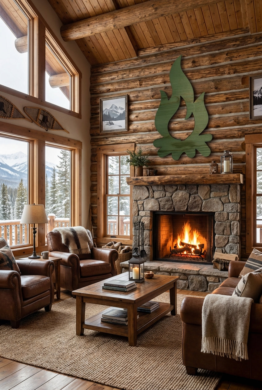 Campfire Wood Wall Art Carved Wood Wall Art Panel - Freeform in Cabin Living Room (Fern)