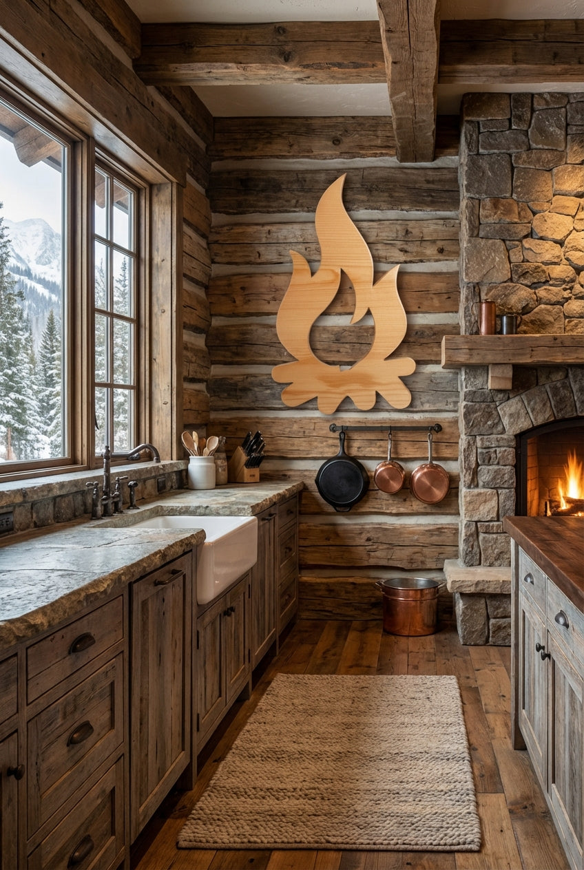 Campfire Wood Wall Art Carved Wood Wall Art Panel - Freeform in Cabin Kitchen (Natural)
