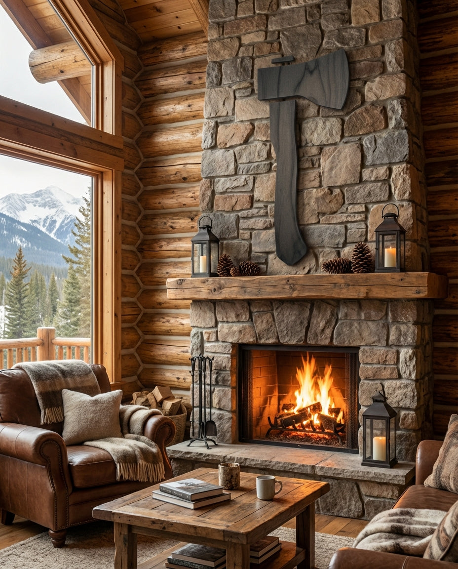 Axe Wood Wall Art Carved Wood Wall Art Panel - Freeform in Cabin Living Room (Charcoal)