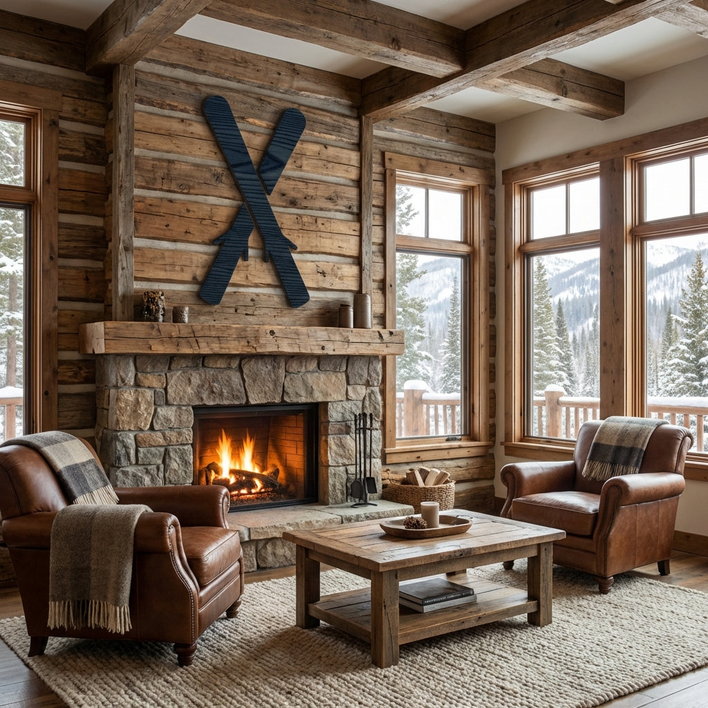 Crossed Skis Wood Wall Art Carved Wood Wall Art Panel - Freeform in Cabin Living Room (Midnight Sky)