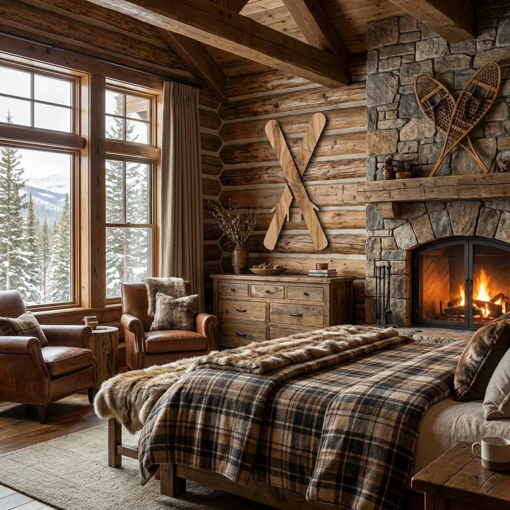Crossed Skis Wood Wall Art Carved Wood Wall Art Panel - Freeform in Lodge Bedroom (Natural)
